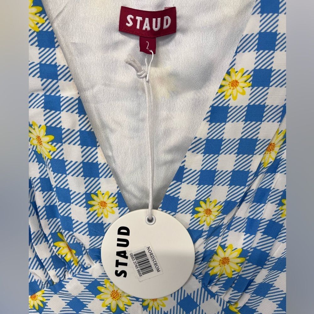 NWT STAUD | Mini Milla Dress in Gingham Daisy Plaid Puff Sleeve V Neck 2 - Picture 6 of 11